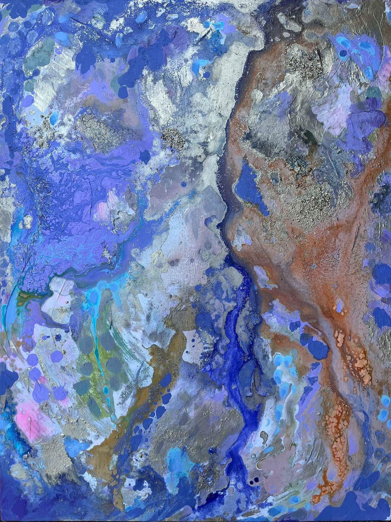 Abstract schilderij in blauw, zilver en koper