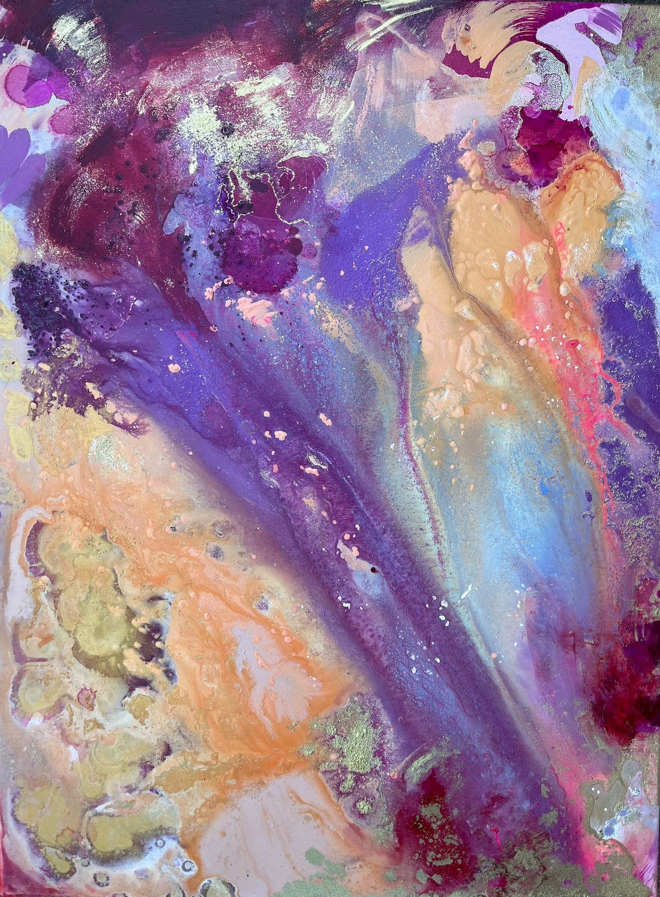 Abstract schilderij in paars en abrikoos