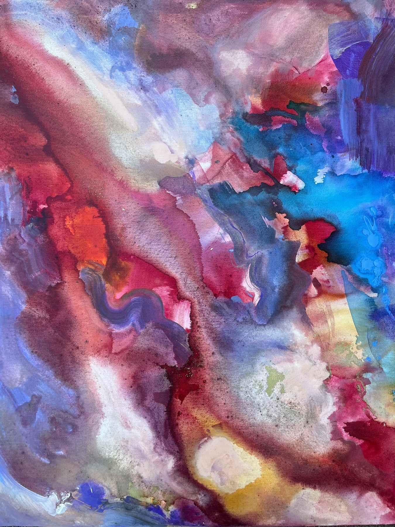 Abstract schilderij in rood, blauw en crème